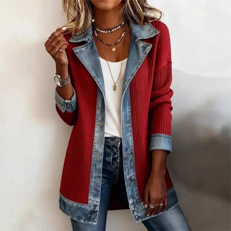Women's patchwork denim jacket in red with light blue denim trim by AdTec, lightweight casual topwear