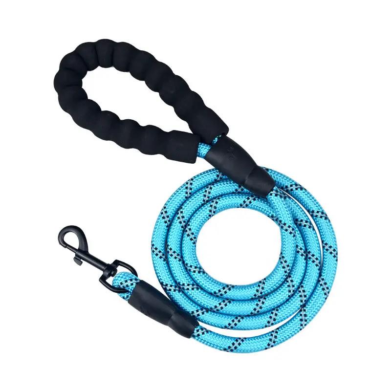 AdTec Durable Dog Reflective Rope Leash, blue braided rope with black padded handle and metal clip