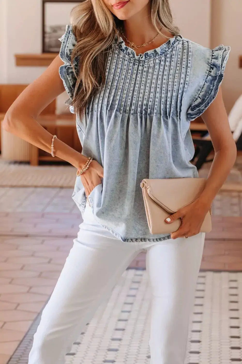Vintage washed denim top with pleated, ruffled front and flutter sleeves