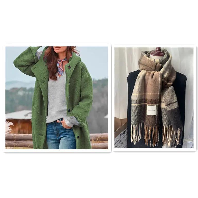Coat and scarf set: AdTec women's heavy tweed green winter coat with rich texture paired with a plaid scarf.