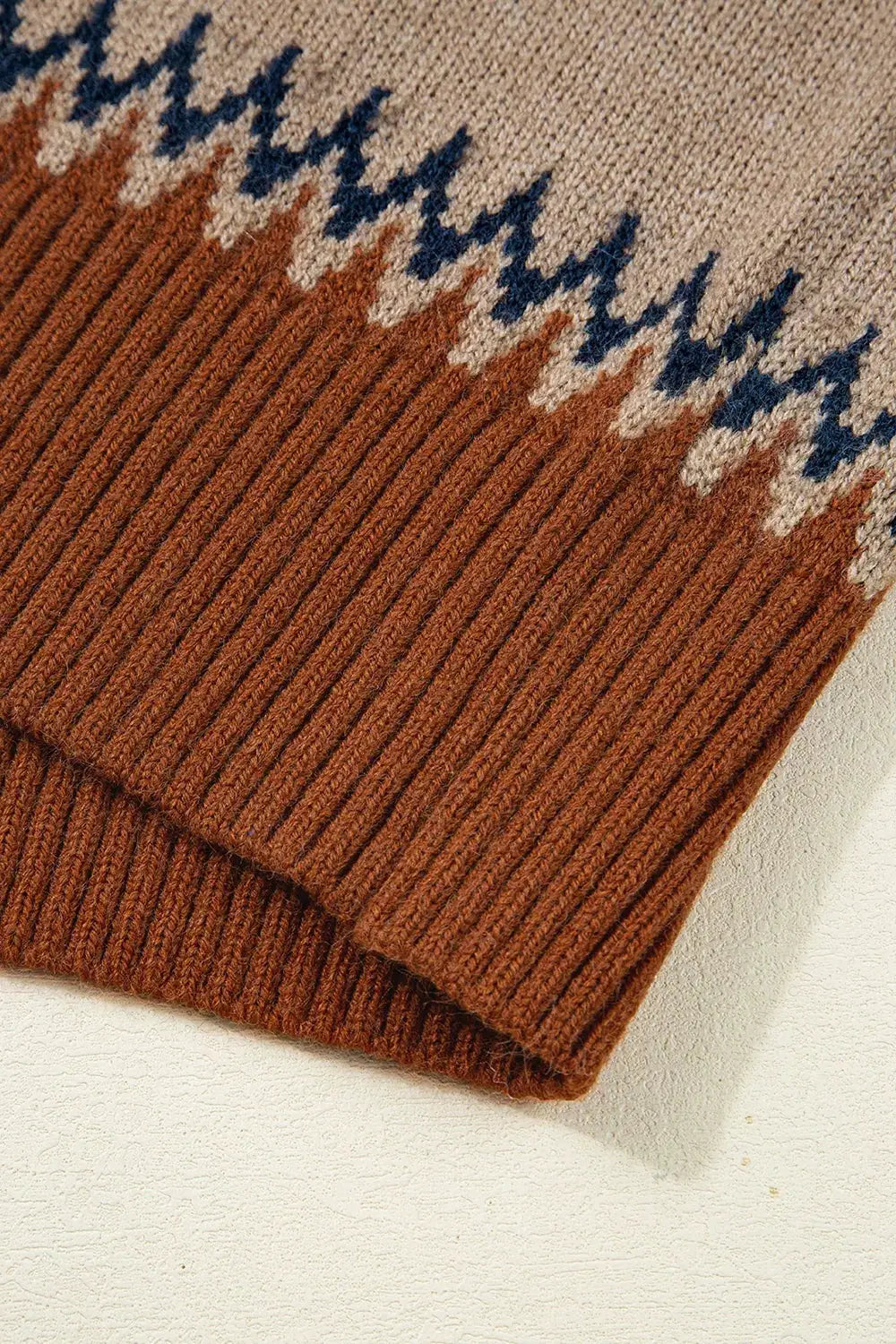 Geometric Pattern Long Sleeve Sweater rust-brown knit with navy and beige zigzags, ribbed cuffs, Trendsi