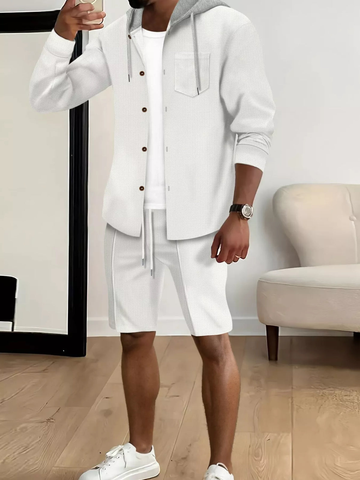 Men's 2-piece casual hooded button-up top and shorts set in white textured fabric with pocket, plus size, Trendsi.