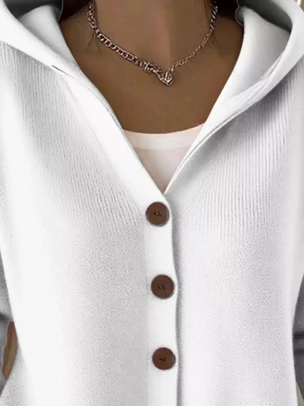 Plus Size hooded button-front soft knit cardigan for women, white with brown buttons, by Trendsi
