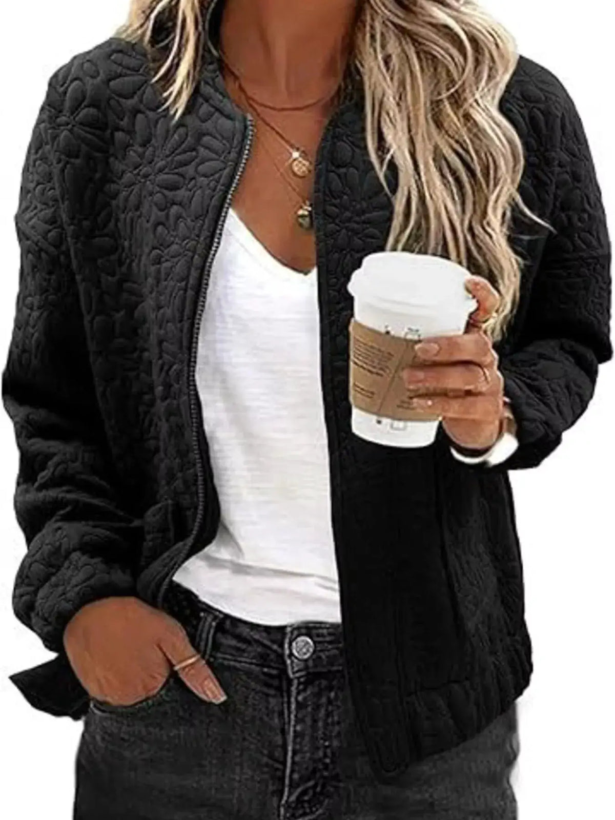 Premium floral quilted lightweight zip-up jacket in black by Trendsi
