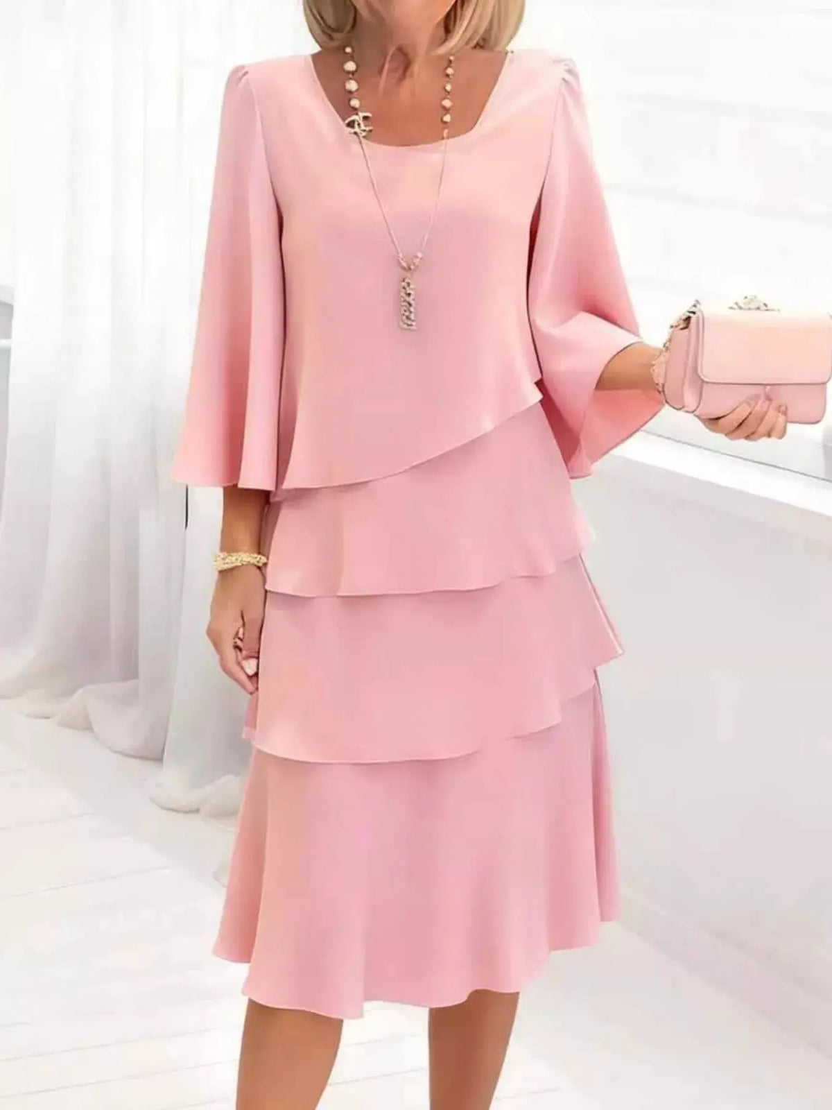 Dress Trendsi pink plus-size ruffled layered with 3/4 sleeves