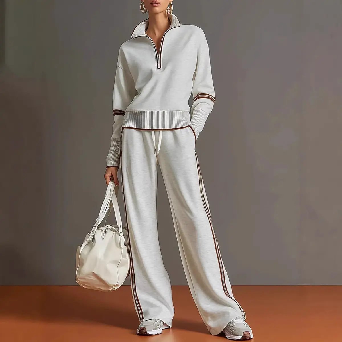 Women’s white cotton long-sleeve two-piece active set with brown piping and drawstring pants