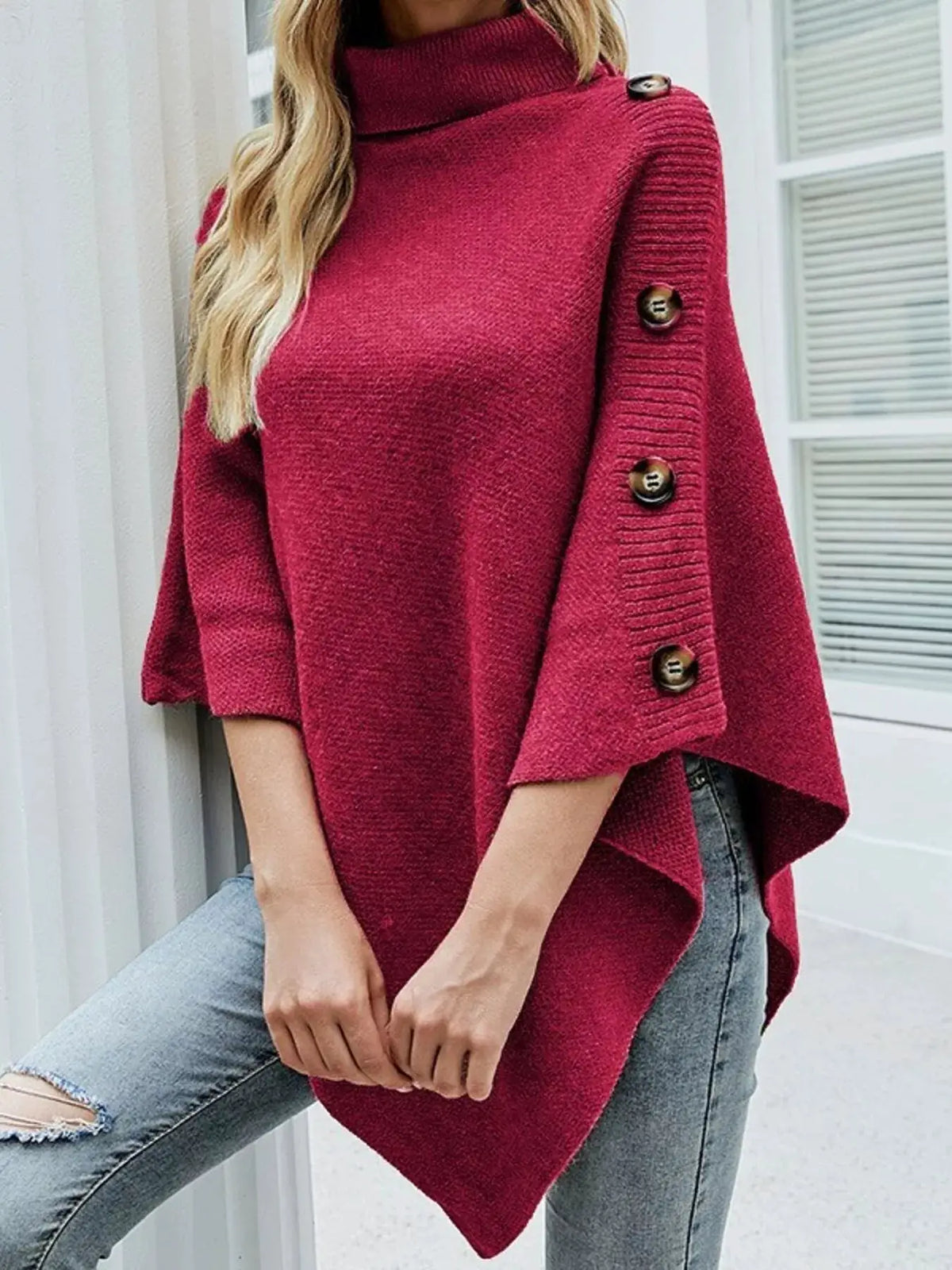 Button Turtleneck Poncho Pullover in burgundy knit with buttoned sleeve detail