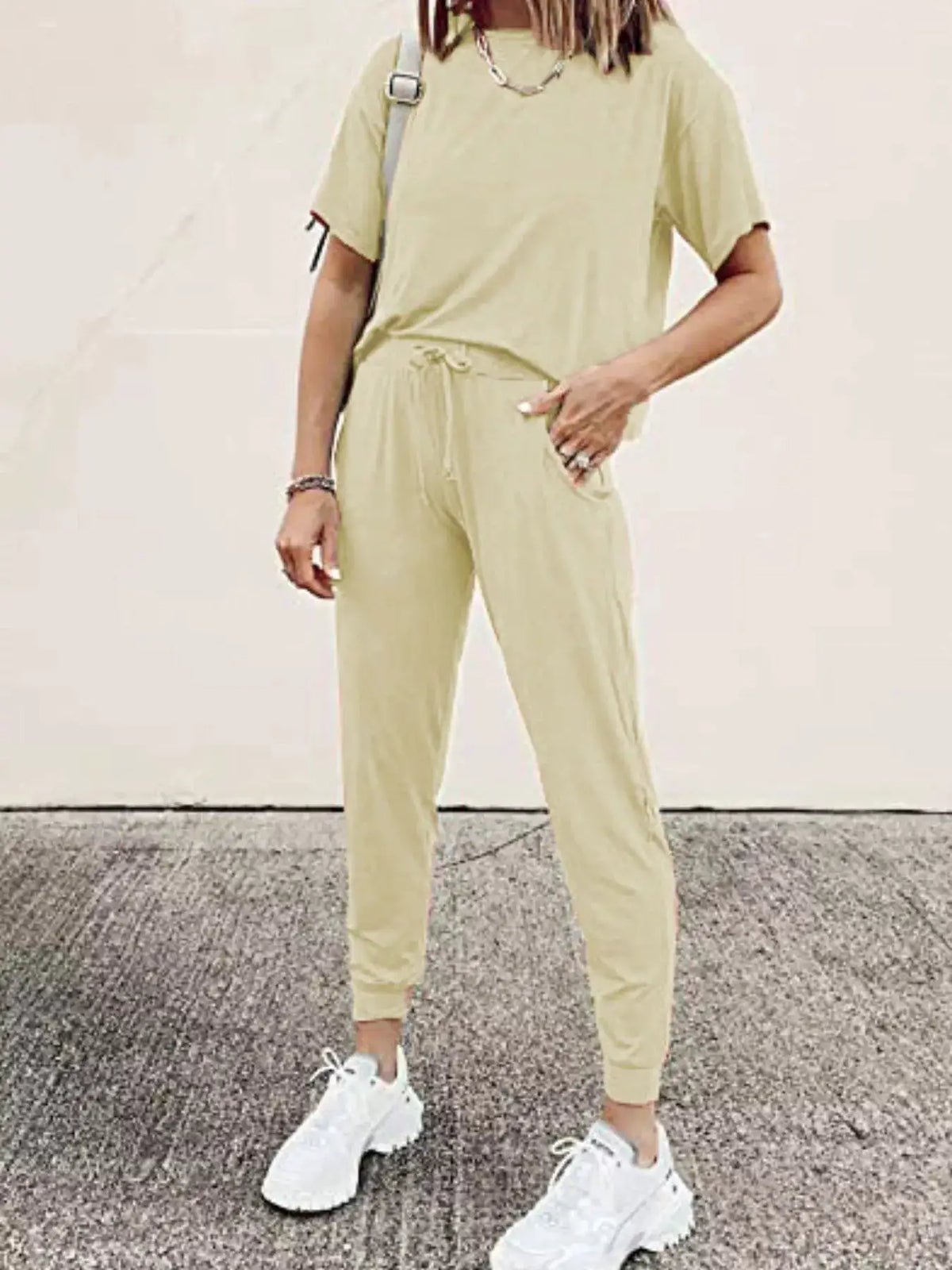 Full Size Round Neck Top and Drawstring Pants Set Plus Size, beige 2-piece by Trendsi