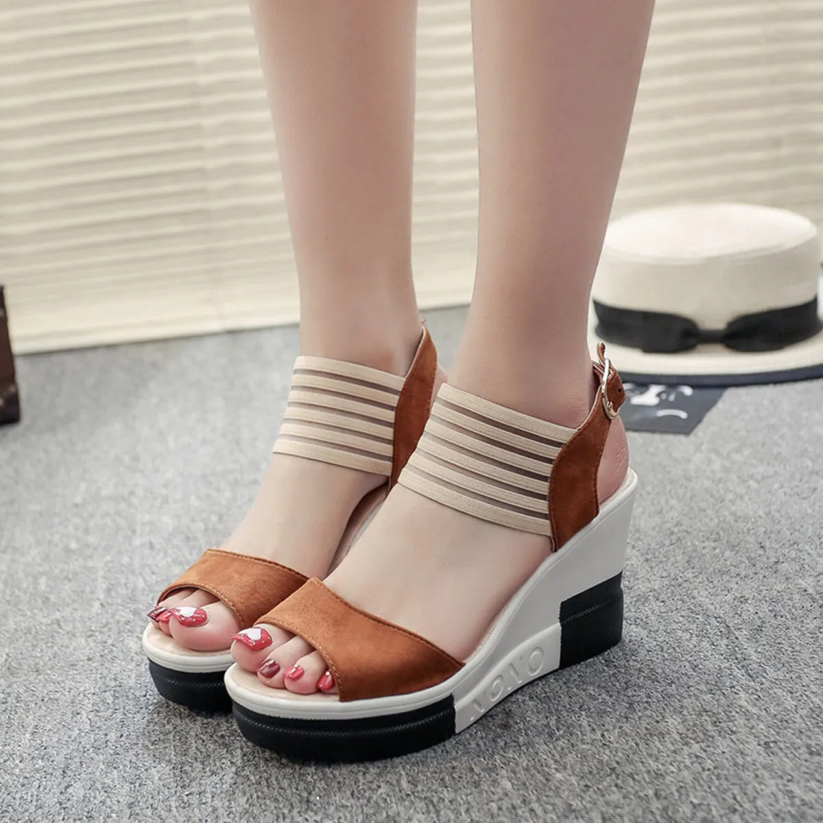 Shoes: Contrast Platform Wedge Sandals; tan suede straps, beige elastic ankle bands, white platform sole