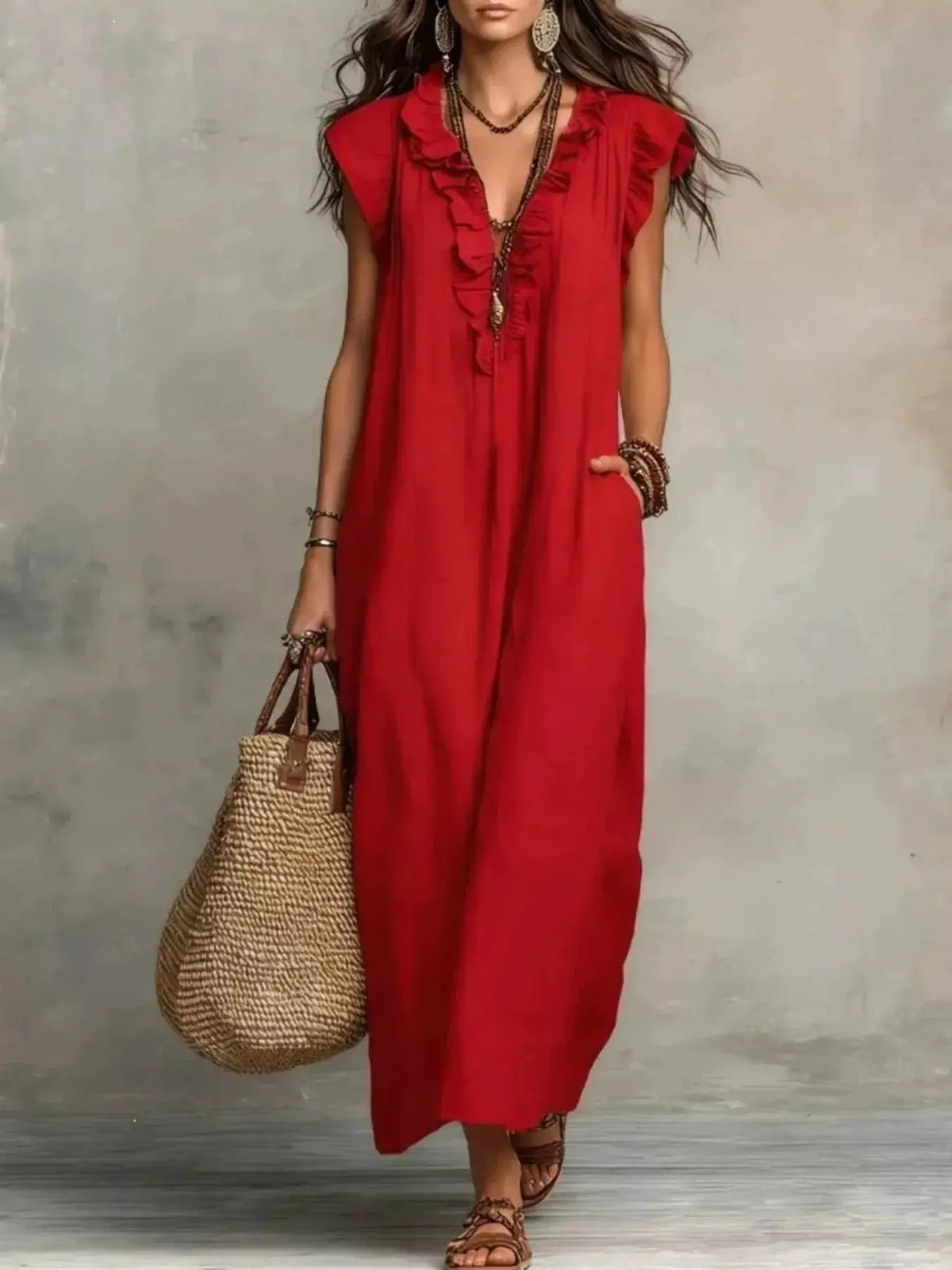 Trendsi full-size red ruffled V-neck cap-sleeve maxi dress, plus size