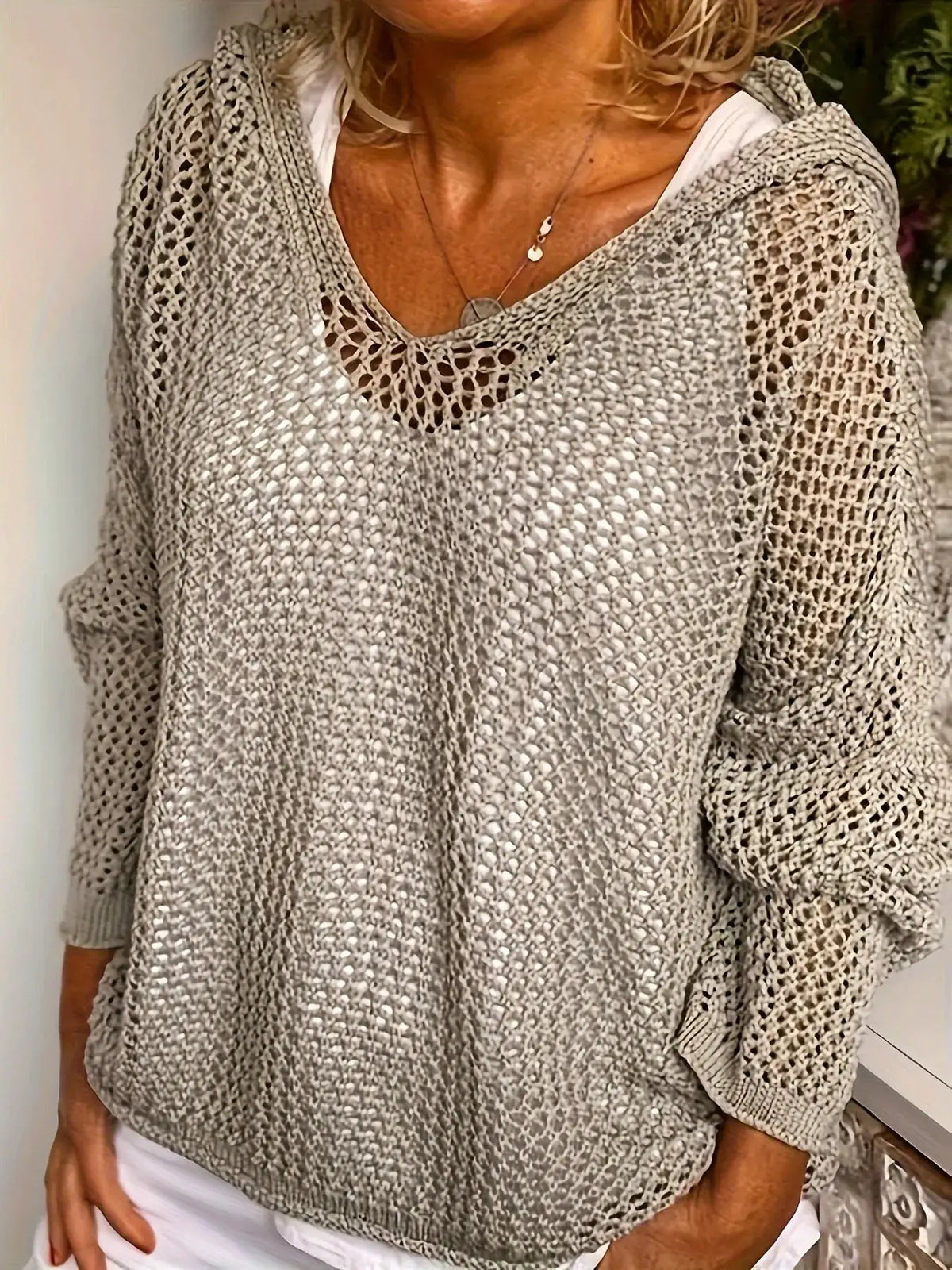 Trendsi openwork knit beach cover-up with hood, gray long-sleeve