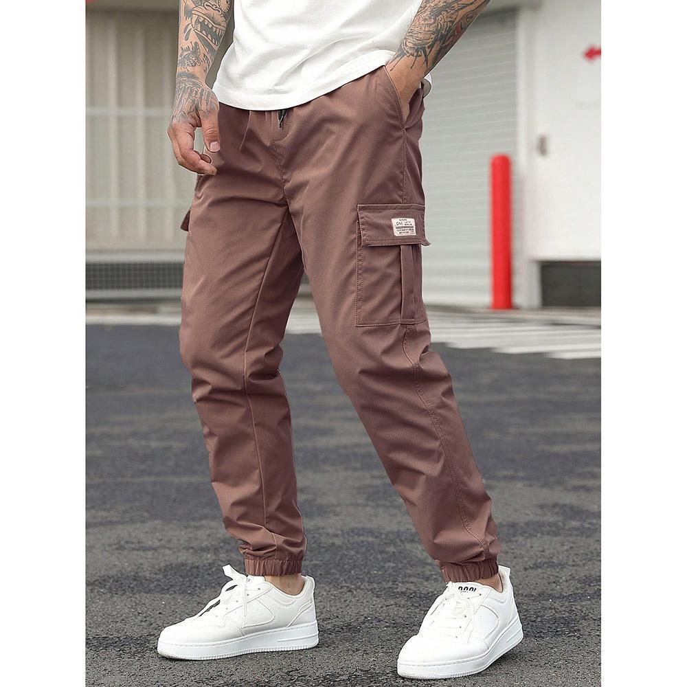 Pantalon cargo décontracté coupe droite multipoches avec cordon de serrage pour homme