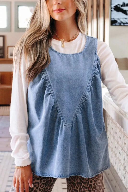 Women's denim pleated patchwork ruffle sleeveless top in blue