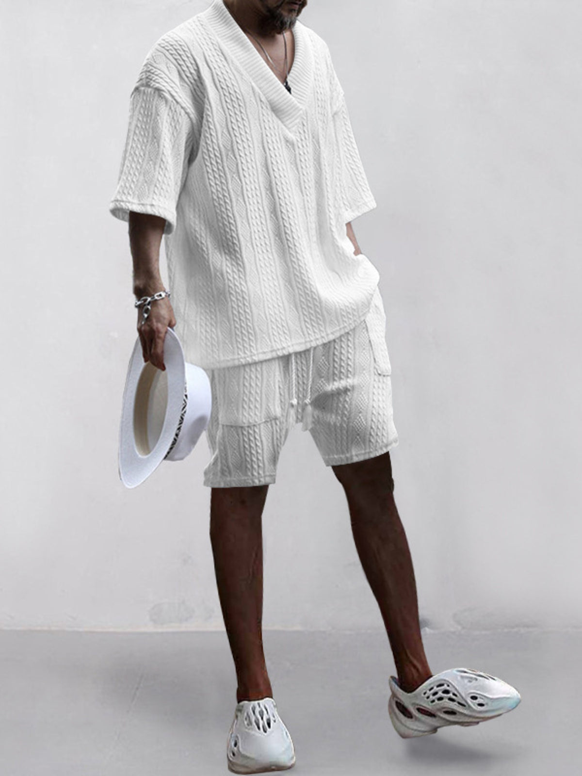 Trendsi men's plus-size knit V-neck short-sleeve top and shorts set in white, cable-knit fabric