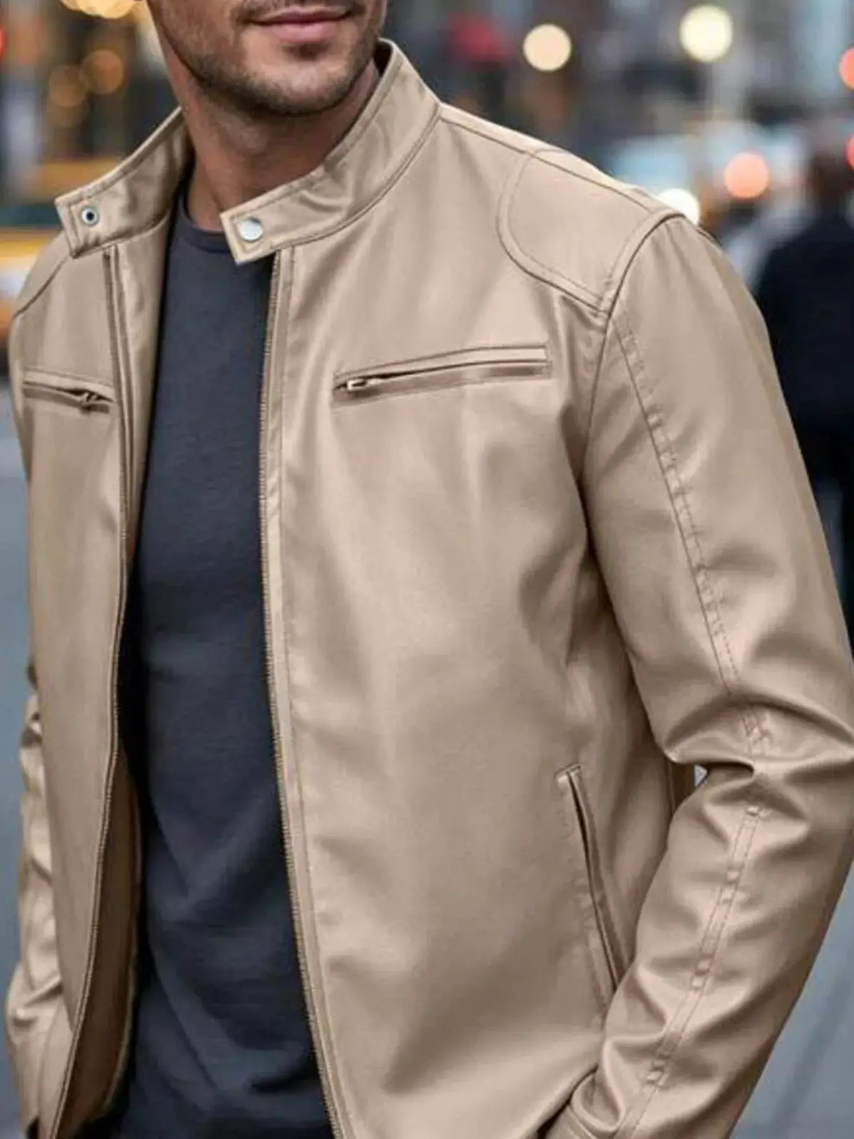 Men's faux leather bomber jacket in tan with zip pockets