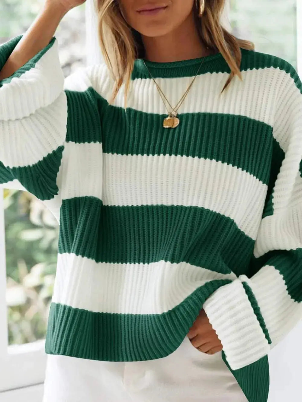 Trendsi Essential striped knit sweater, green and white, round-neck, long sleeves.