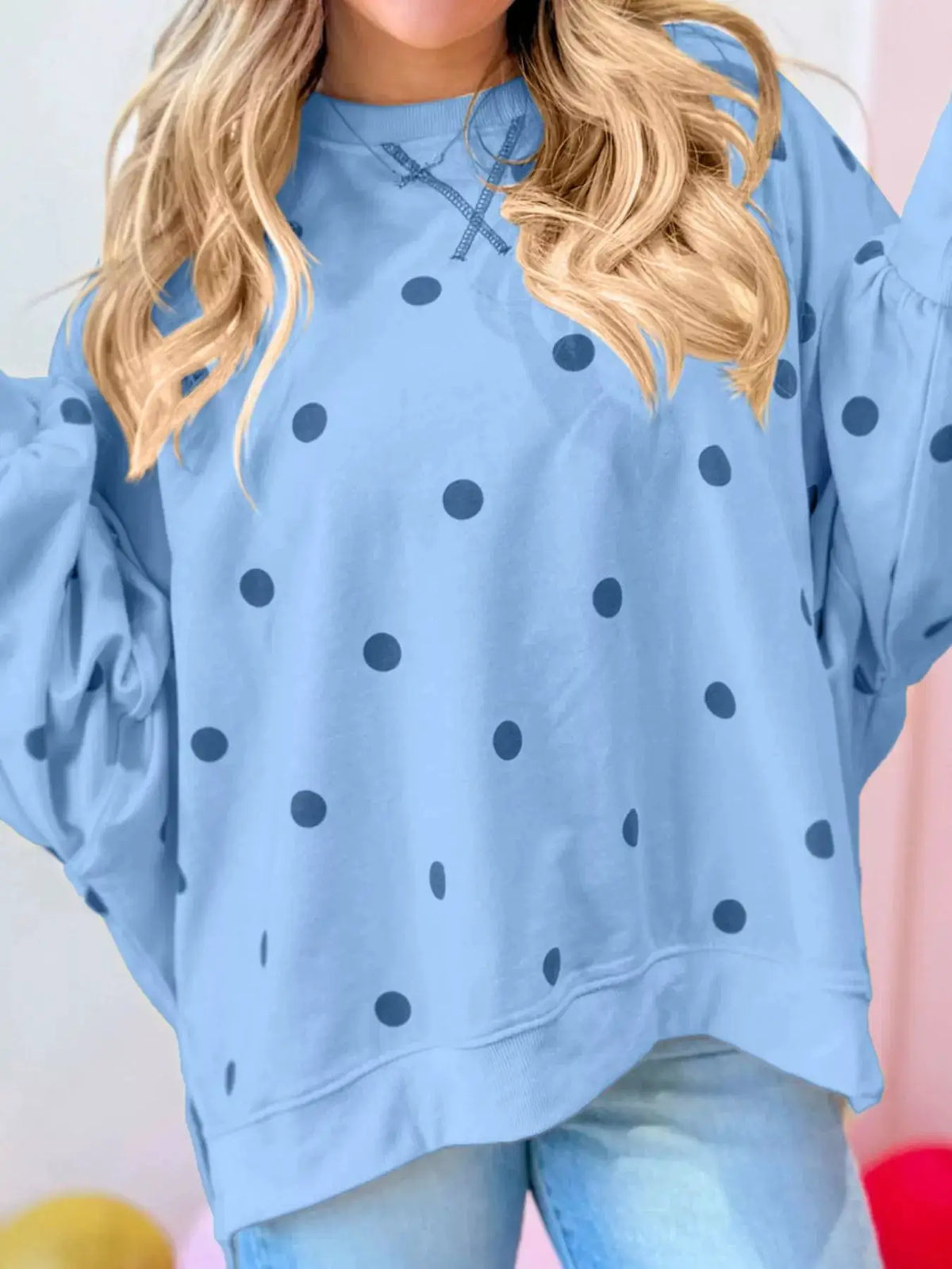 Side Slit Polka Dot Oversized Sweatshirt in light blue with dark blue dots