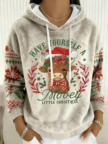Womens Flannel Christmas Crew-Neck Long-Sleeve Top beige fuzzy hoodie with reindeer Santa graphic AdTec