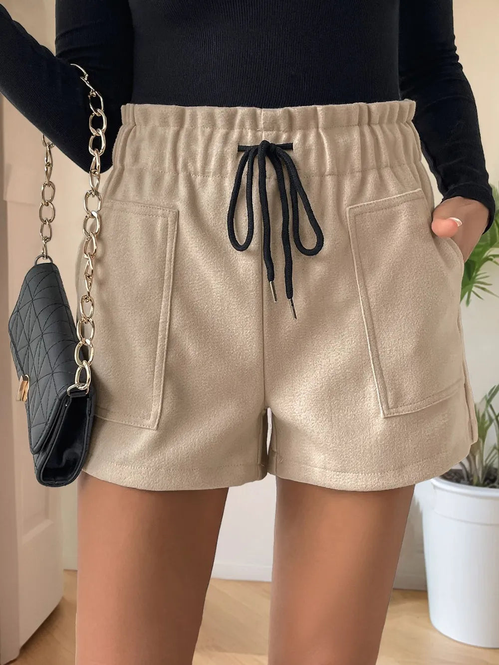 Perfee Frill Drawstring Shorts with Pockets, beige elastic waist with black drawstring
