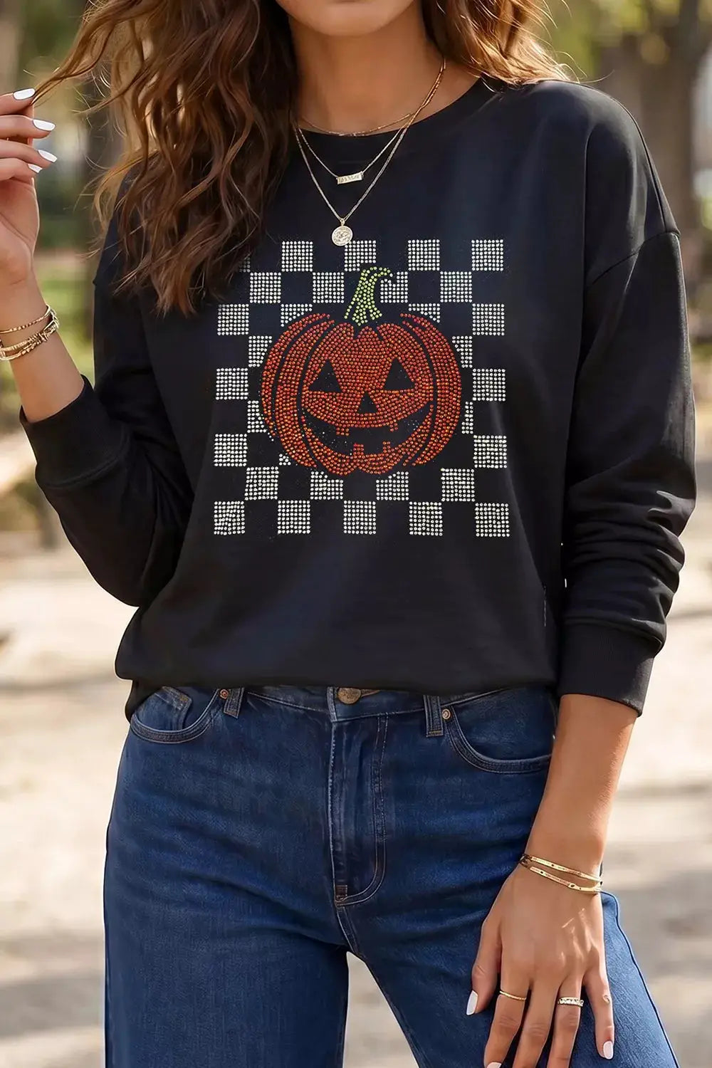 Rhinestone Pumpkin Long Sleeve Sweatshirt, black with rhinestone pumpkin motif