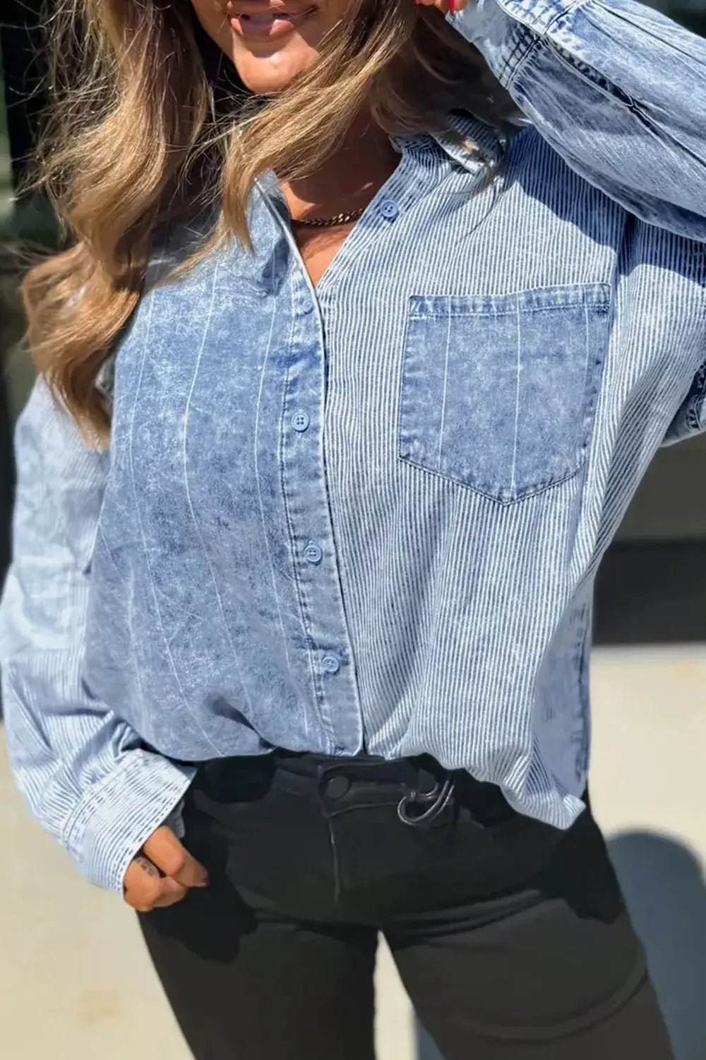 Classic Front Button Striped Denim Shirt With Pockets by Trendsi in light blue denim