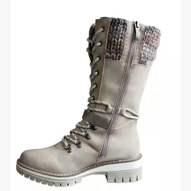 Fur-integrated women's knee-high snow boots with beige leather and knit fur cuff, AdTec, lace-up front and side zipper