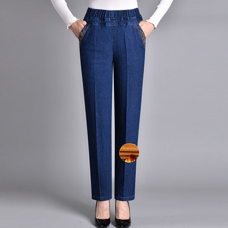 Pantalon en jean taille haute élastique coupe droite