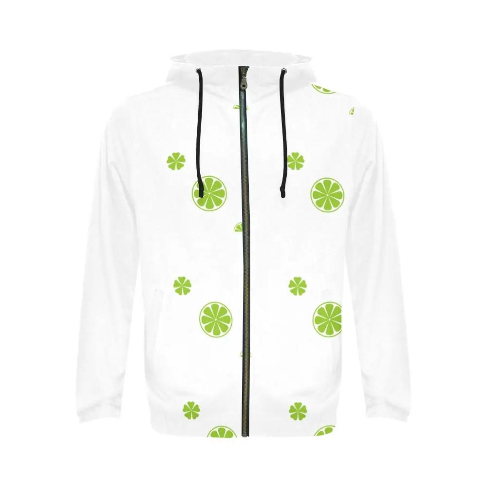 Mens all-over print full-zip hoodie, white with lime green citrus prints, Inkedjoy, black drawstrings, relaxed fit
