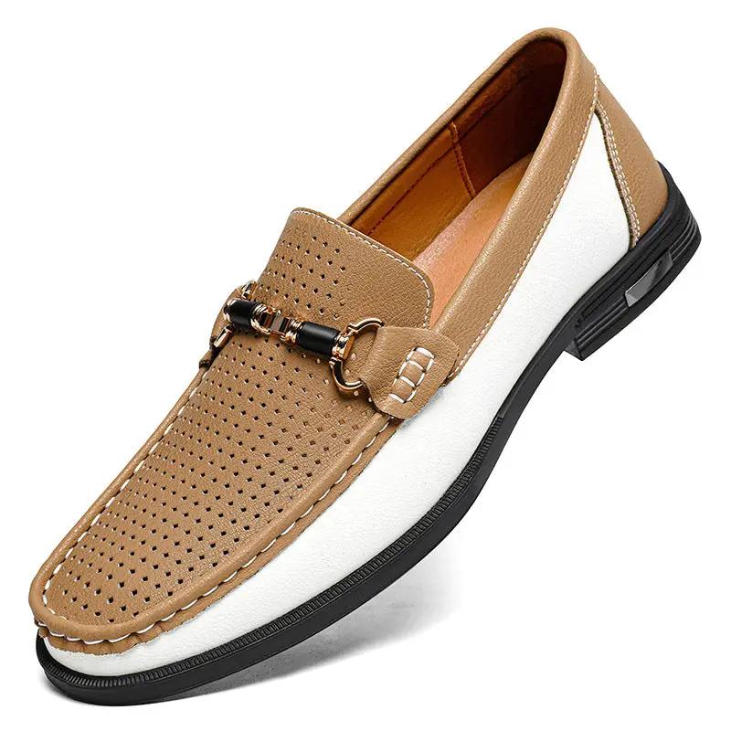 AdTec Meridian genuine leather moccasin slip-on in tan with perforated upper, metal bit accent, and white sole