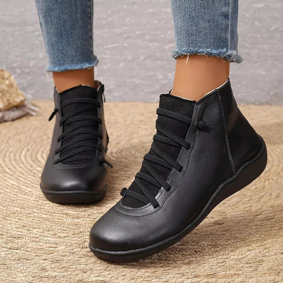 Lace-Up Faux Leather Ankle Boots, black with a lace-up front and chunky sole by Trendsi