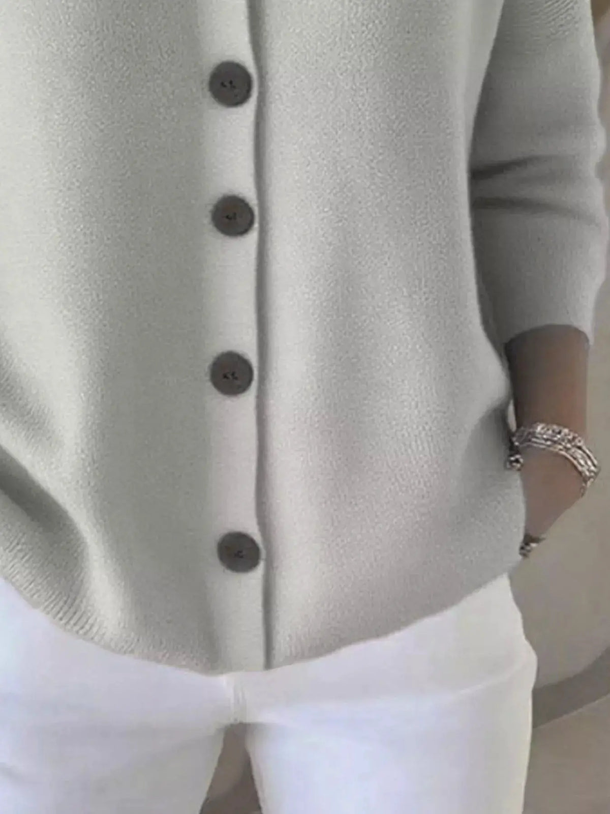 Plus size hooded button-front soft knit cardigan for women in cream with long sleeves