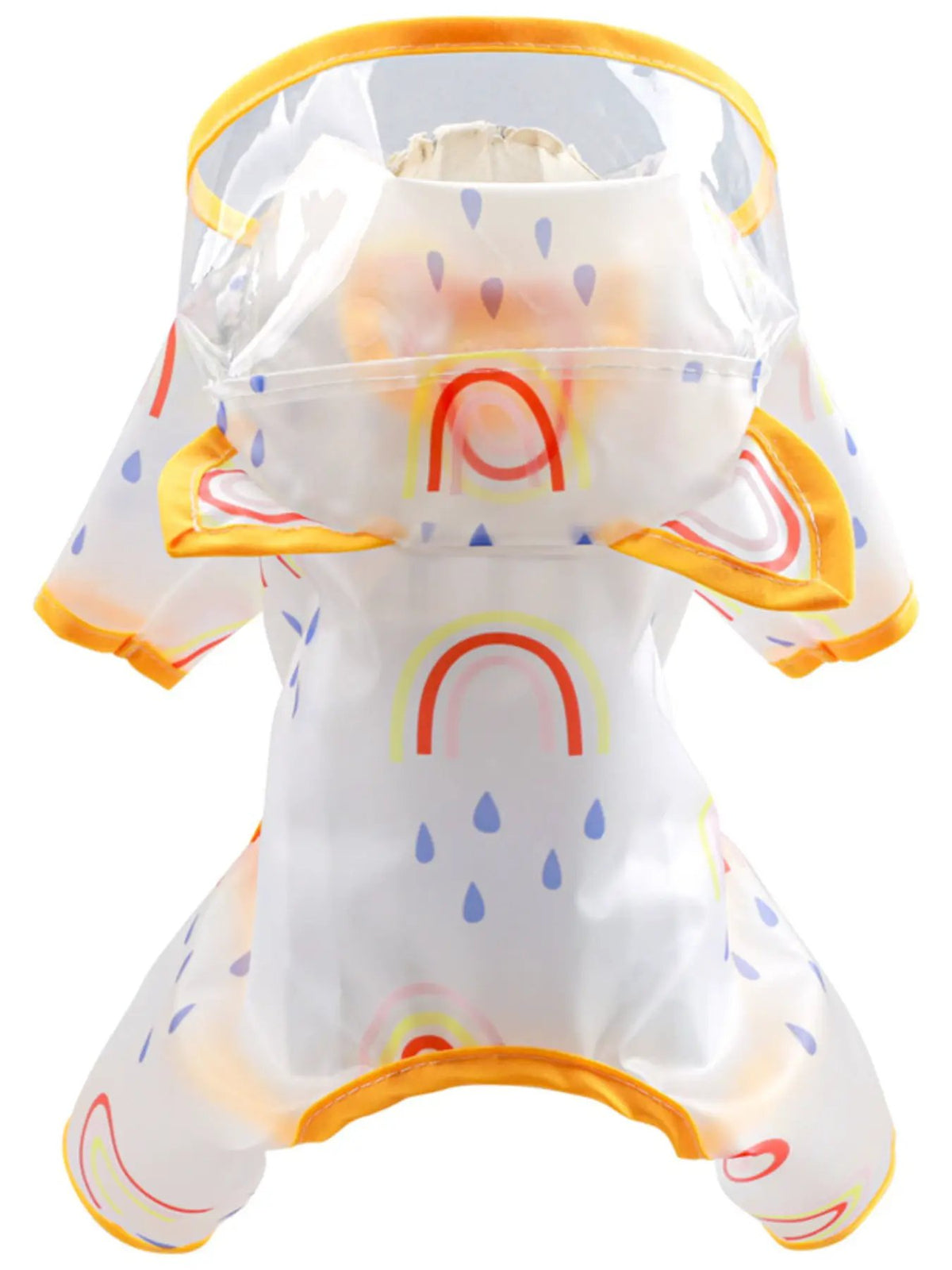 Lightweight waterproof pet raincoat by Trendsi; white with rainbow arches, blue raindrops, orange trim.