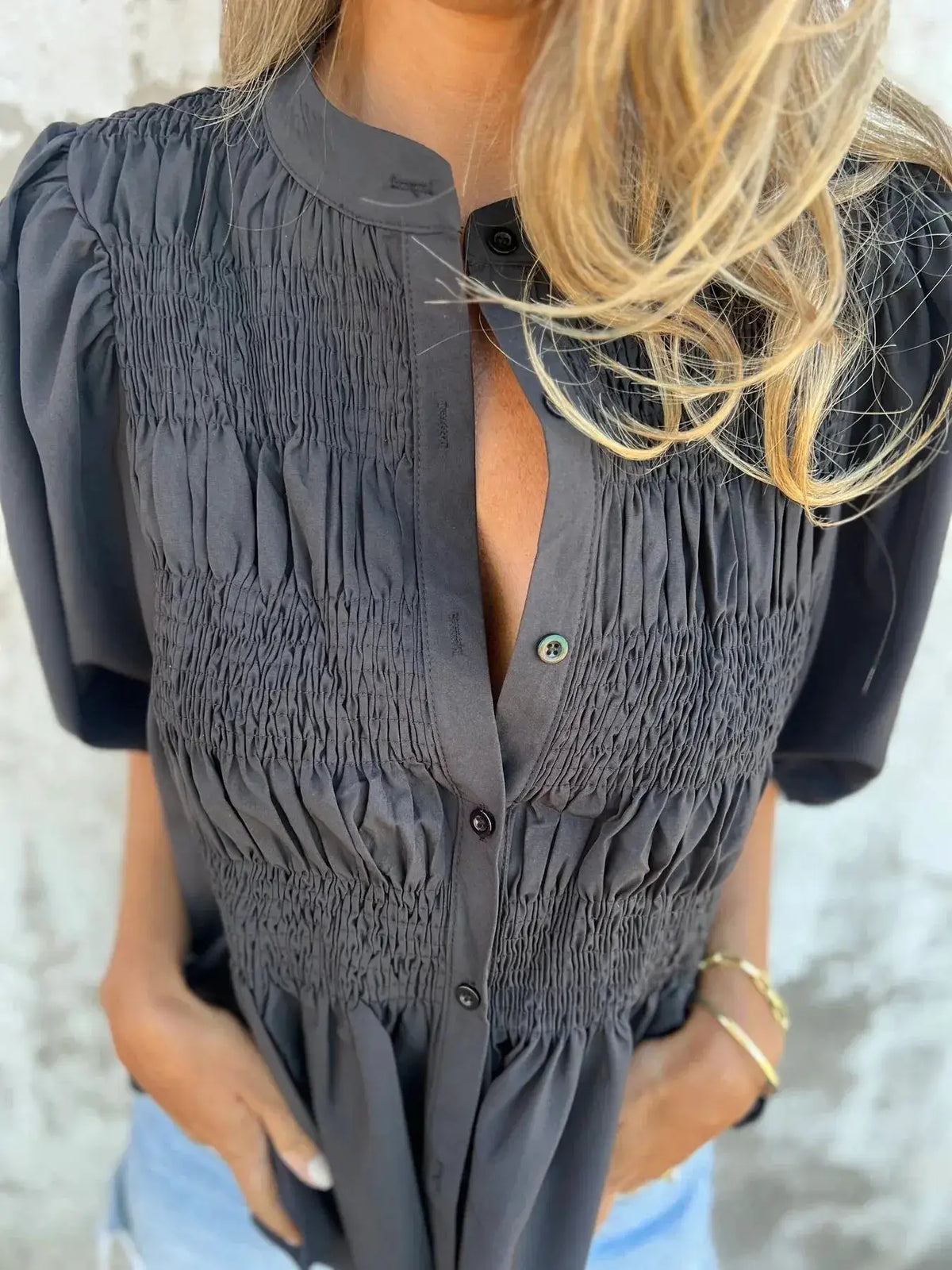 Plus-size smocked puff-sleeve blouse in charcoal gray with button-down front, Trendsi