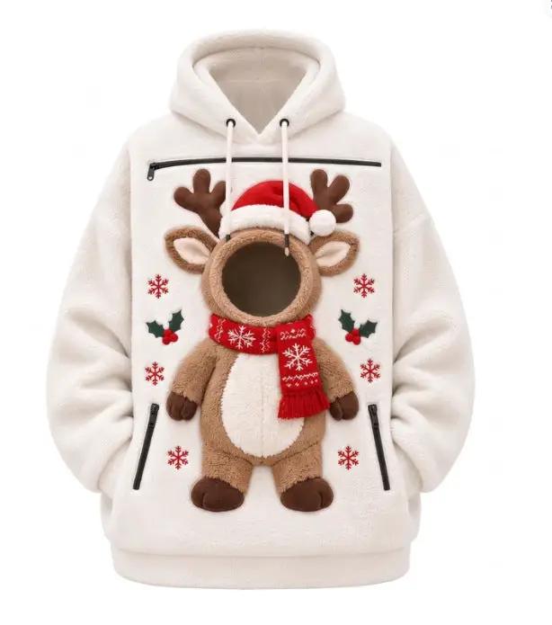 Pet Christmas 3D Printed Hooded Pullover Sweatshirt white fleece with 3D reindeer front applique, red scarf