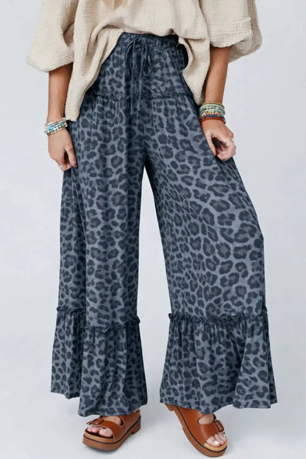 Leopard-print frilled-detail drawstring wide-leg palazzo pants, Trendsi, grey leopard pattern.