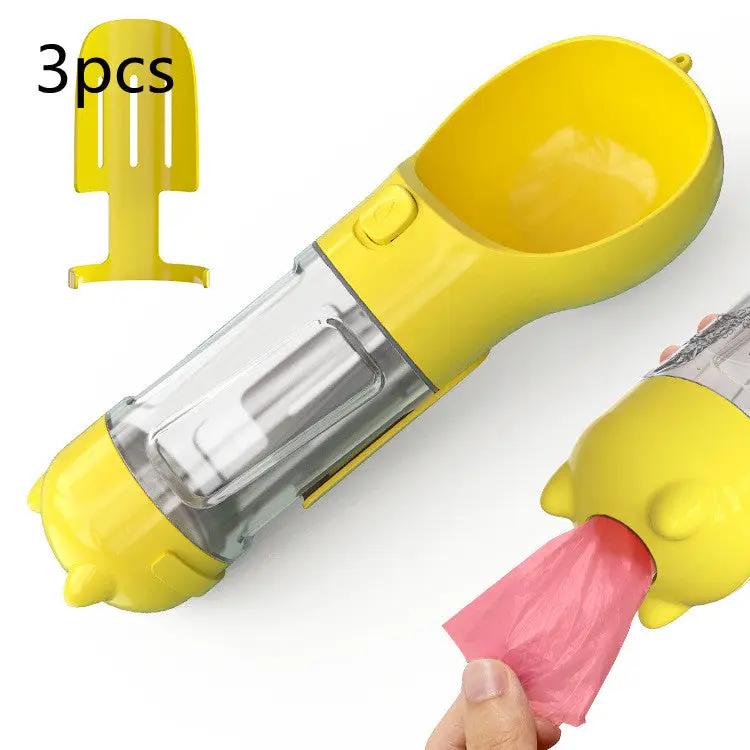 AdTec yellow 3-in-1 pet water bottle with feeder bowl and waste bag storage, portable dog travel bottle