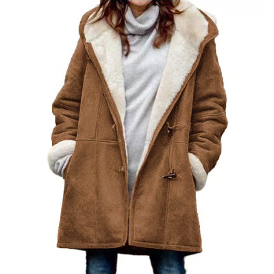 Women's vintage winter coat, brown shearling-lined overcoat with white fur trim
