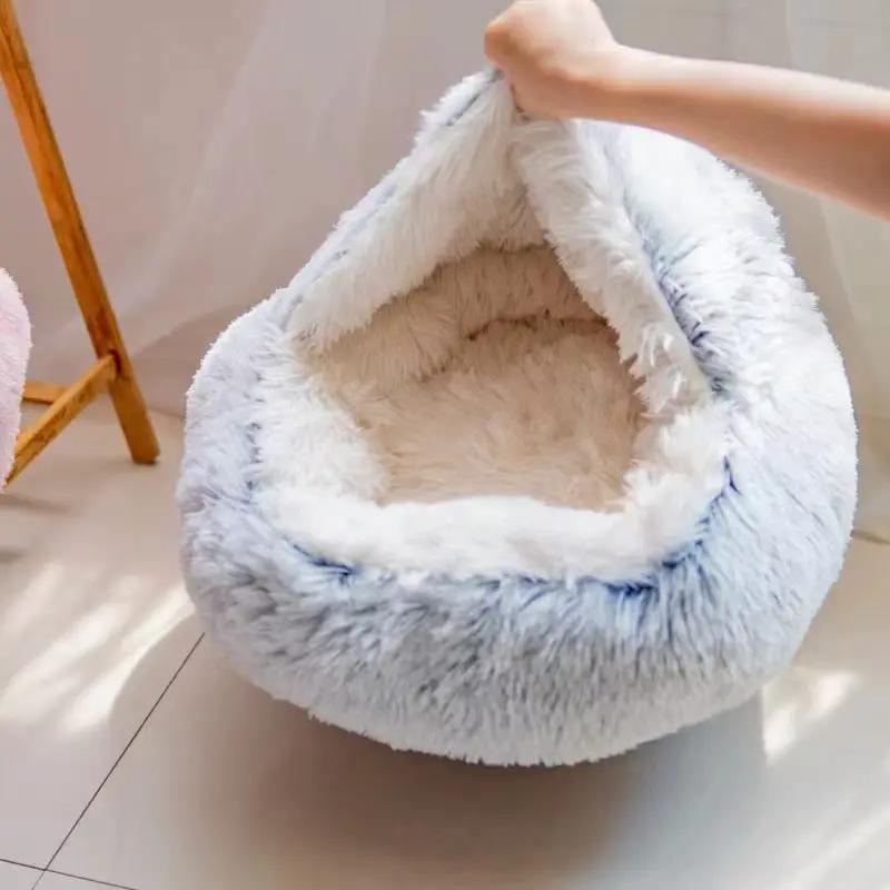 AdTec semi-closed pet bed, plush light-gray shell nest for cats and small dogs
