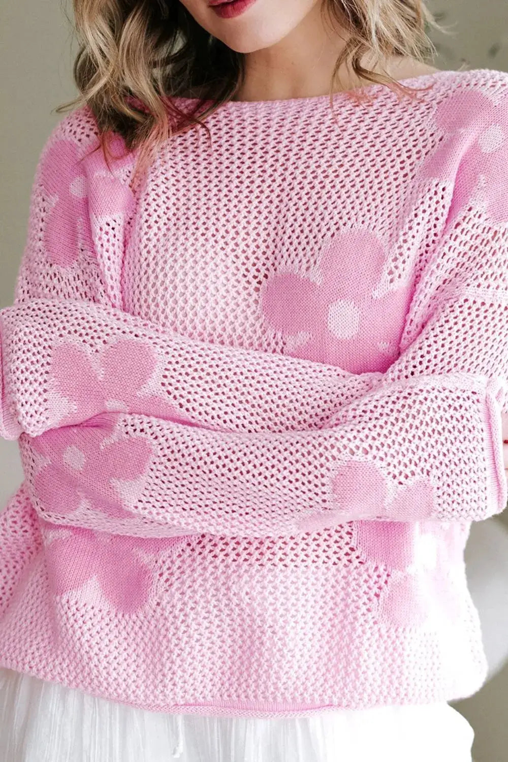 Lightweight openwork floral knit cover-up pink round-neck top by Trendsi