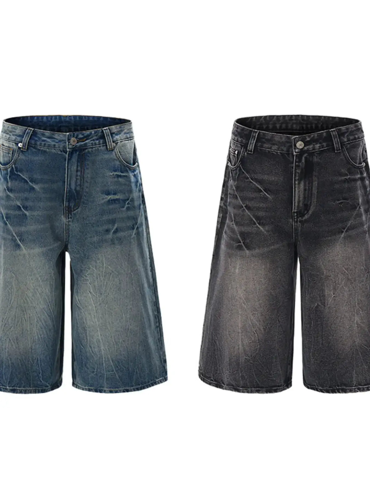 Men's oversized wide-leg distressed denim shorts in faded blue and black washes, two pairs shown.