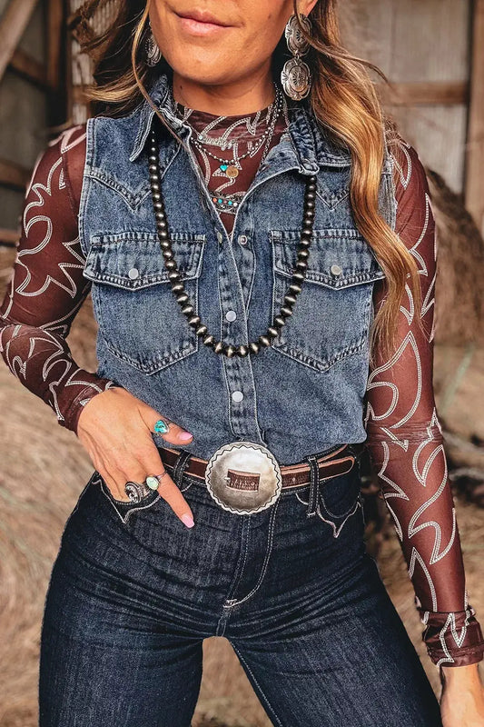 Trendsi blue denim sleeveless cowboy vest with button front and utility pockets