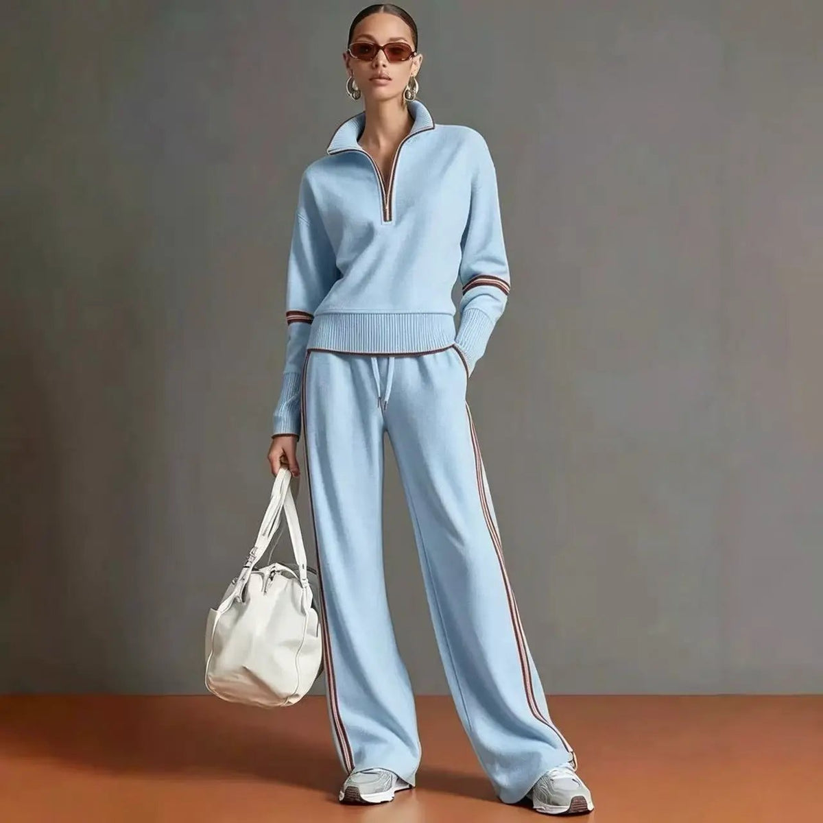 Women Active Cotton Long Sleeve Casual Sports Two Piece Set in light blue with striped side panels