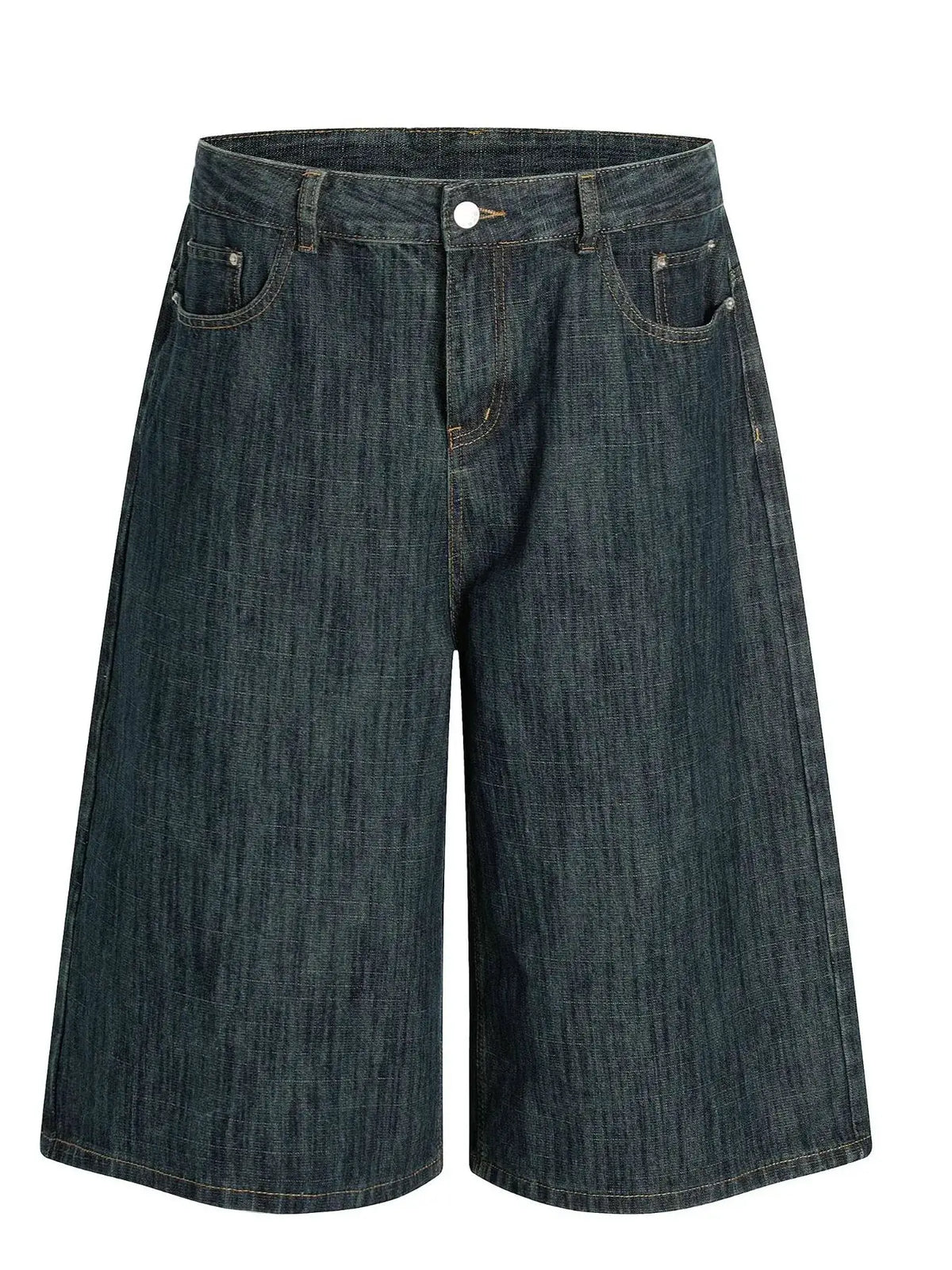 Mens relaxed-fit denim shorts in dark indigo cotton blend with front pockets and contrast stitching