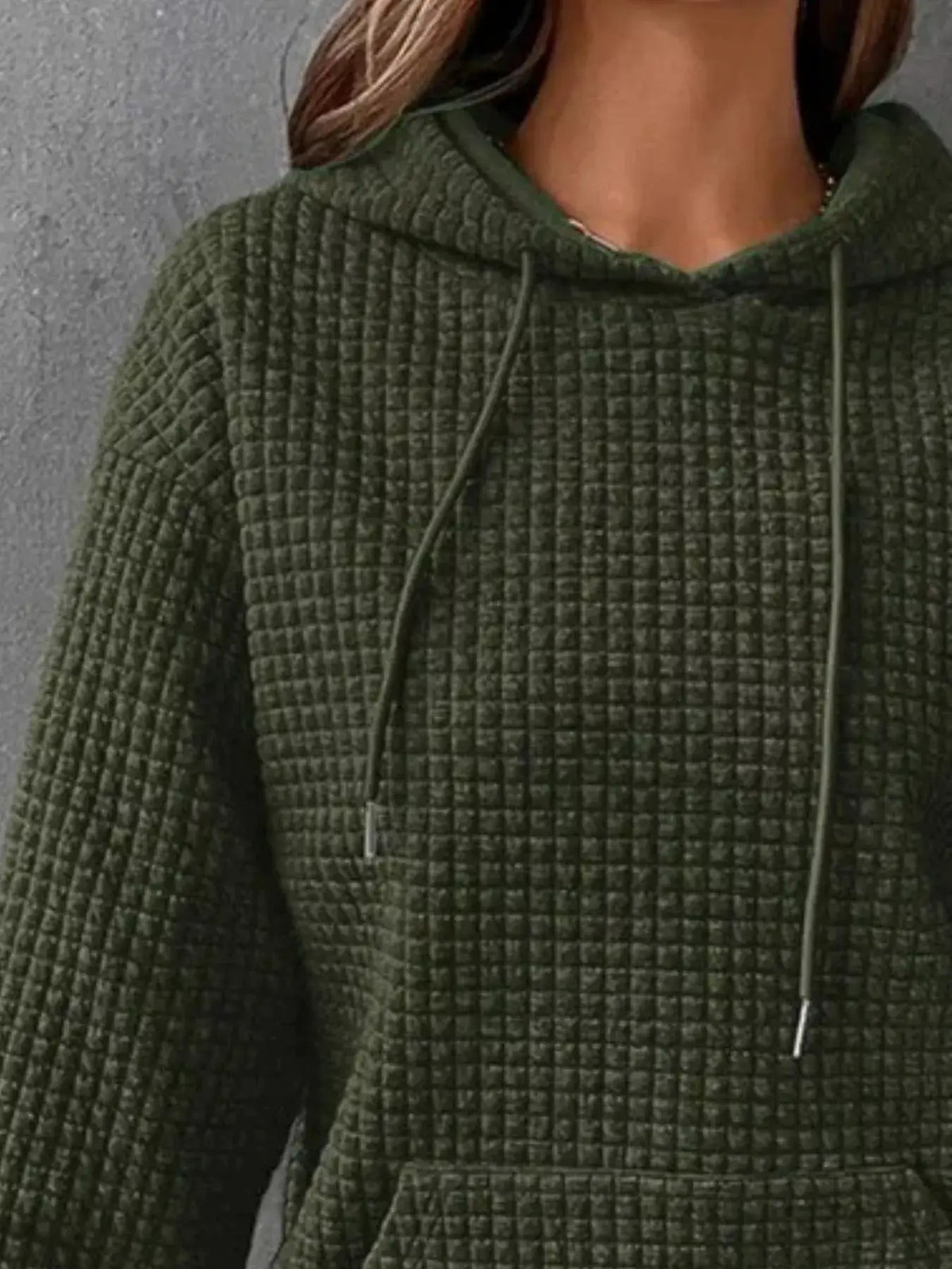 Plus-Size Textured Kangaroo Pocket Hoodie in olive green by Trendsi