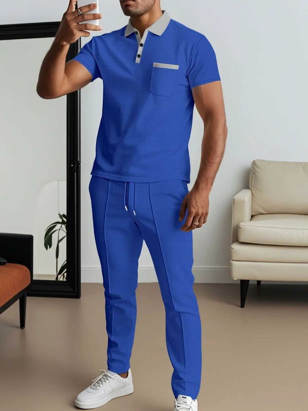 Men's blue matching short-sleeve polo and pants set; white-collar polo with pocket trim, plus size