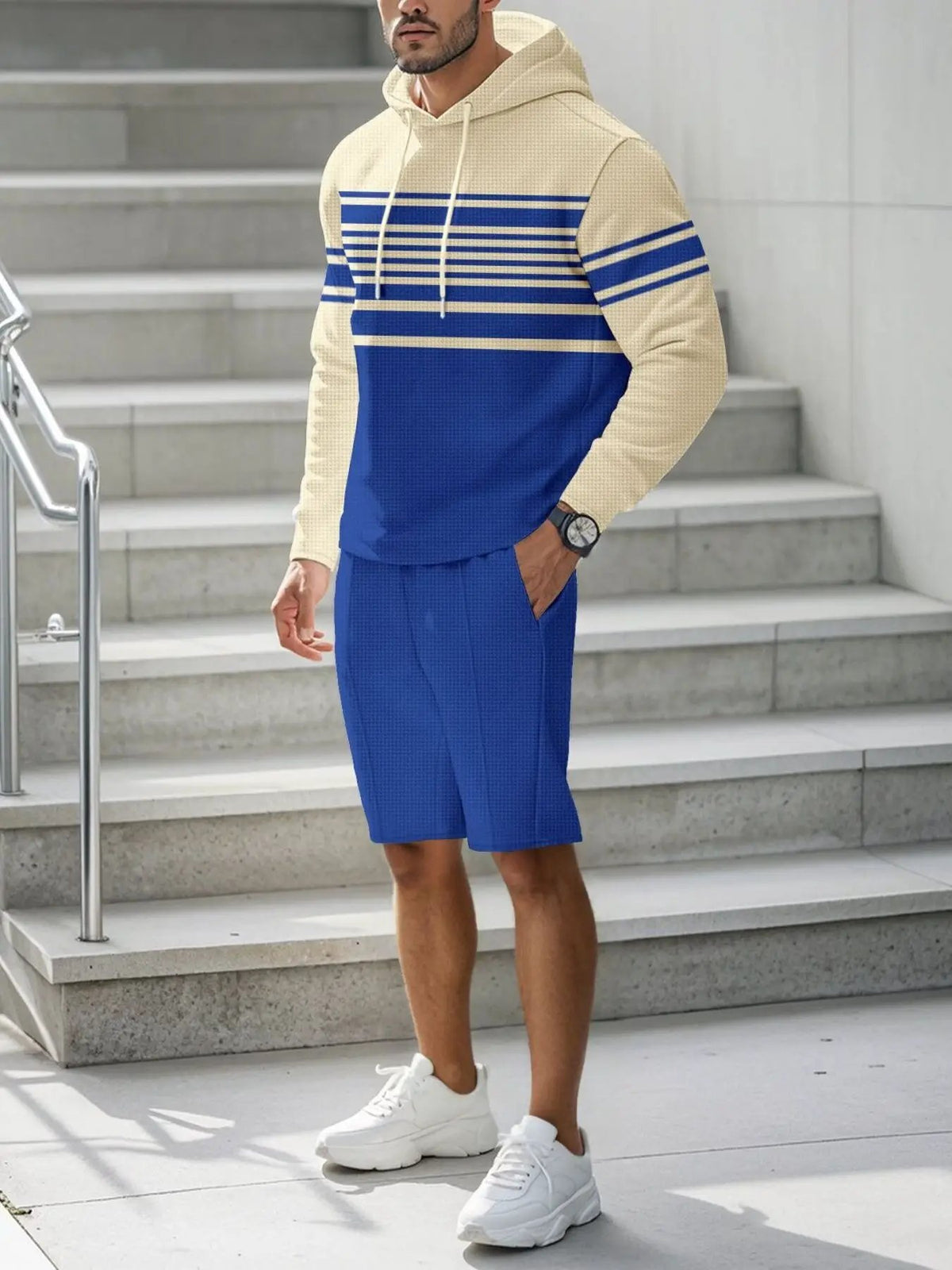 Men's striped hoodie and shorts loungewear set - beige hoodie with blue stripes, royal blue shorts