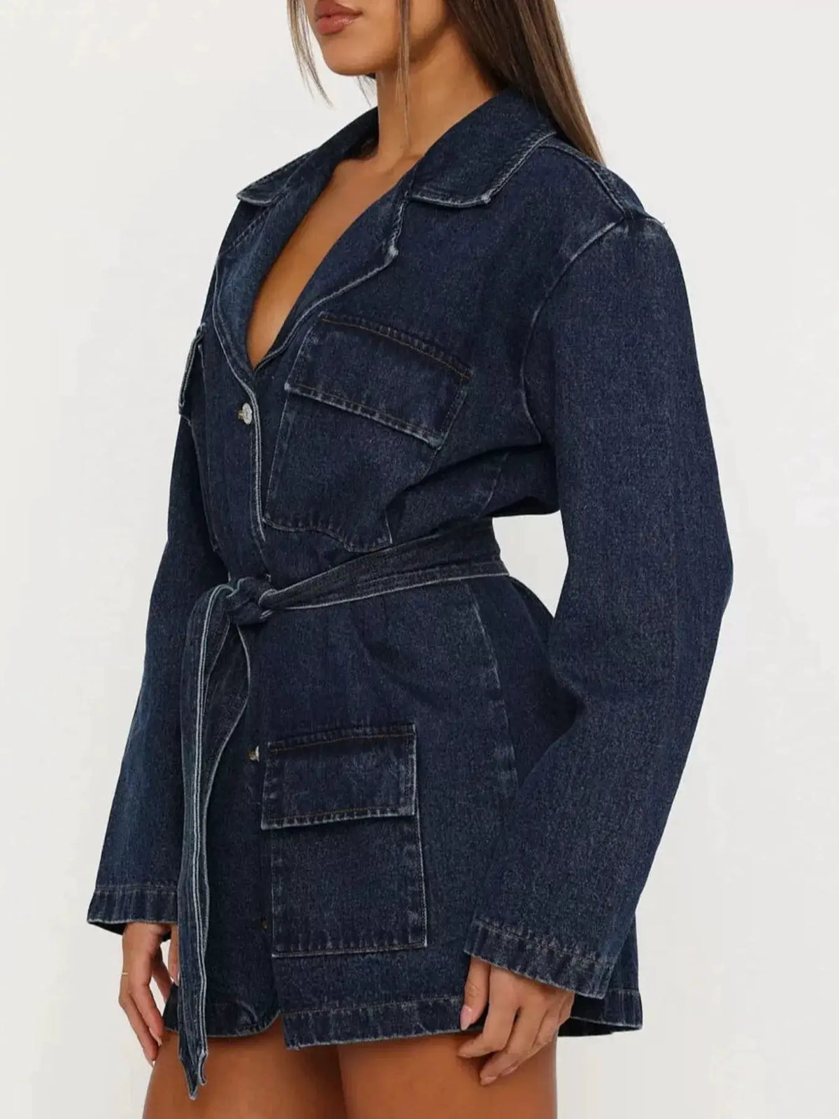 Longline washed denim jacket by Trendsi with matching belt and front pockets