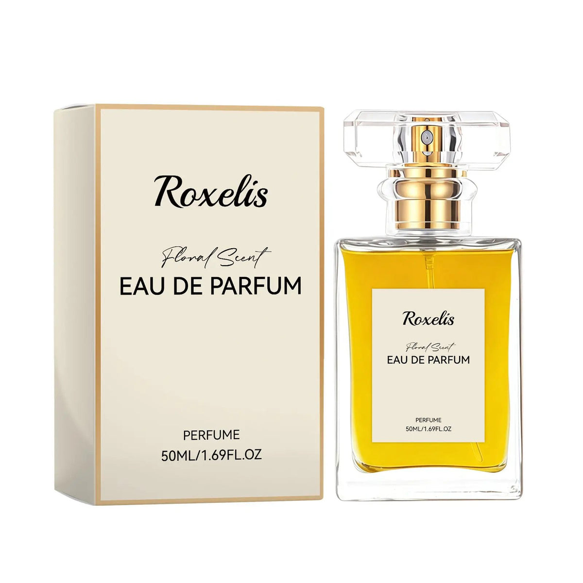 Roxelis floral perfume bottle with beige box and gold accents, 50ml Eau de Parfum