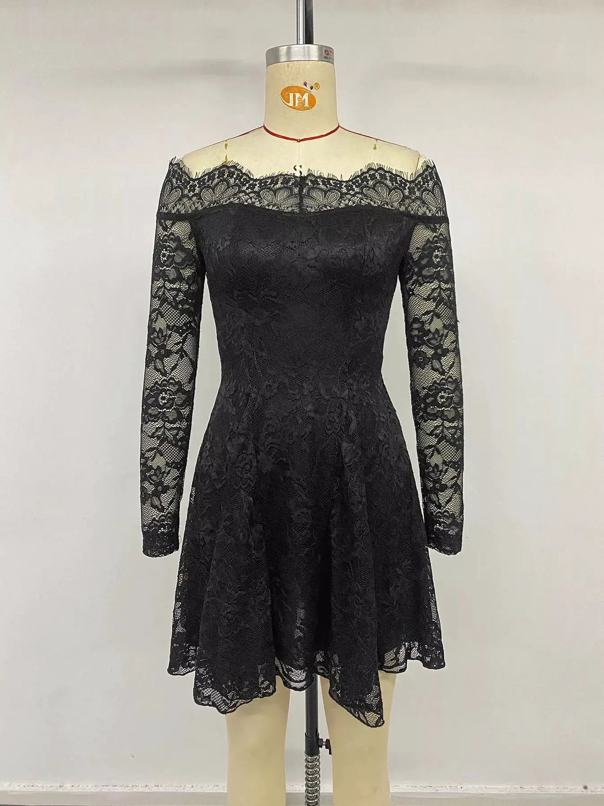 Lace Off-Shoulder Mini Dress by Trendsi, black floral lace with sheer long sleeves