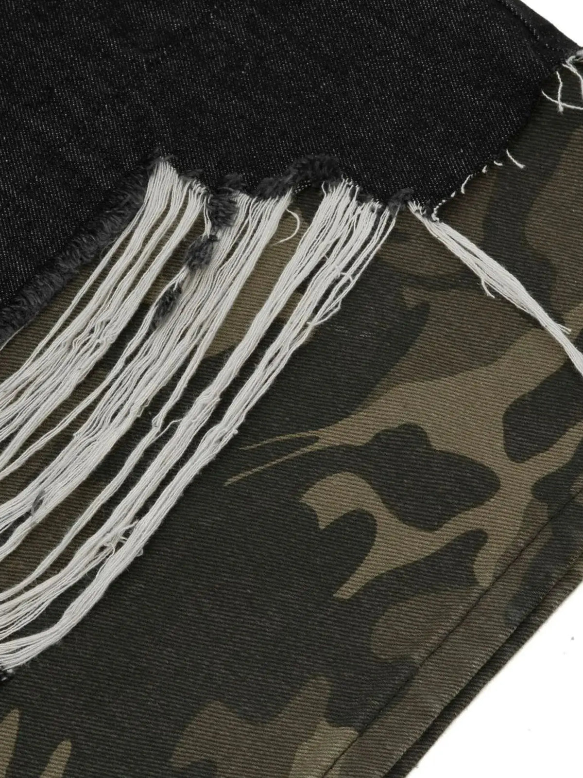 Mens distressed cotton denim Bermuda shorts with camo trim and white fringe by Trendsi